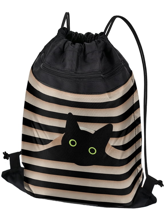 , Black Cat In Window Drawstring Backpack Sports Bag Sackpack 17" x 13", Perfect for Gym, Yoga or Practice