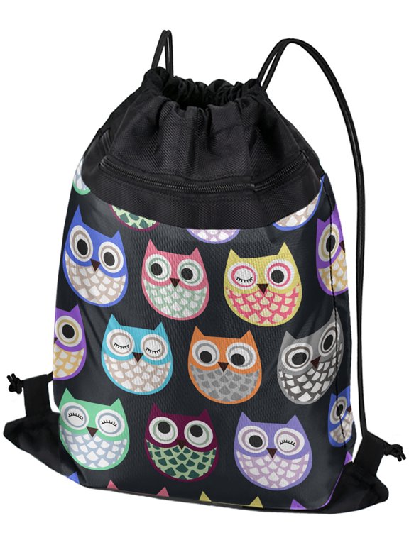 , Colorful Owls Cute Pattern Drawstring Backpack Sports Bag Sackpack 17" x 13", Perfect for Gym, Yoga or Practice