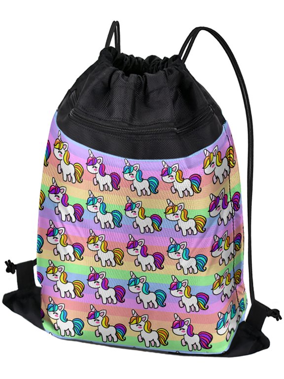 , Cute Kawaii Unicorns Pattern Drawstring Backpack Sports Bag Sackpack 17" x 13", Perfect for Gym, Yoga or Practice