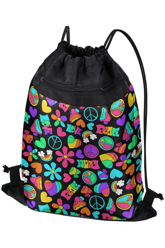 , Groovy Hippie Peace And Love Pattern Drawstring Backpack Sports Bag Sackpack 17" x 13", Perfect for Gym, Yoga or Practice