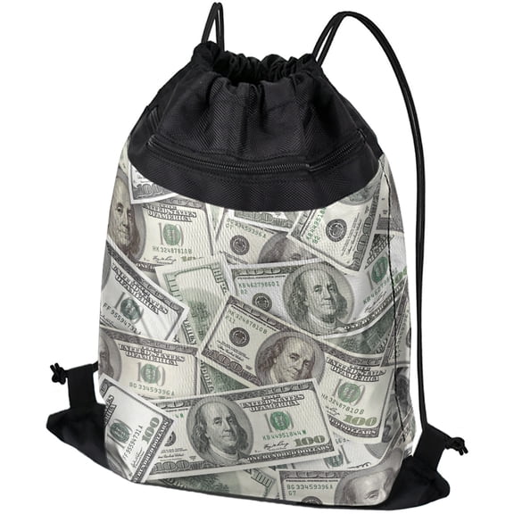Logovision, Hundred Dollar Bills Drawstring Backpack Sports Bag Sackpack 17" x 13", Perfect for Gym, Yoga or Practice