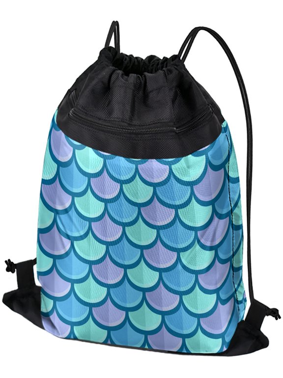 , Mermaid Fish Scale Pattern Drawstring Backpack Sports Bag Sackpack 17" x 13", Perfect for Gym, Yoga or Practice