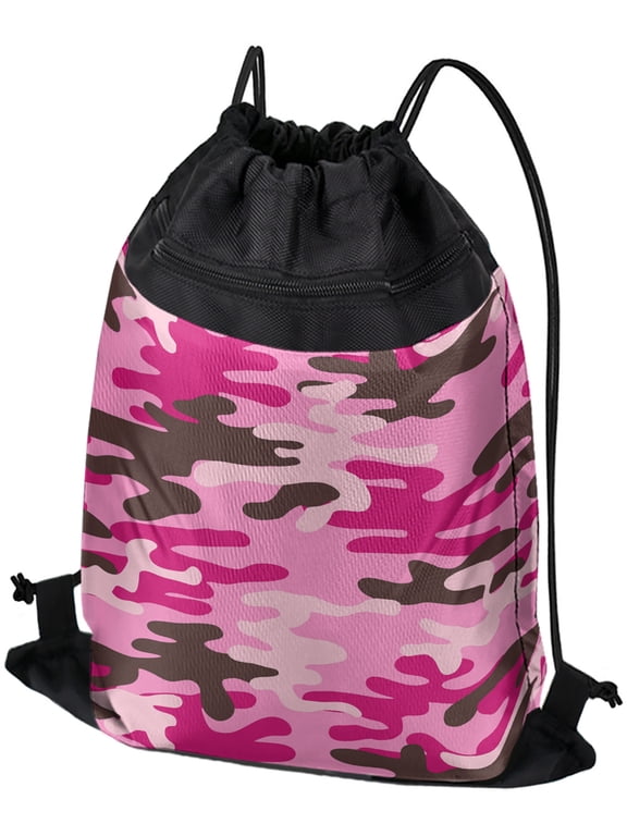 , Pink Camouflage Drawstring Backpack Sports Bag Sackpack 17" x 13", Perfect for Gym, Yoga or Practice