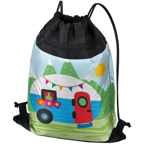 Logovision, Retro Camper Rv Travel Trailer Drawstring Backpack Sports Bag Sackpack 17" x 13", Perfect for Gym, Yoga or Practice