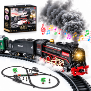 Loheer Electric Train Set with Remote Control, Track, Smoke, Lights & Sounds, Glowing Passenger Cars, Toy Train for Kids Ages 3+