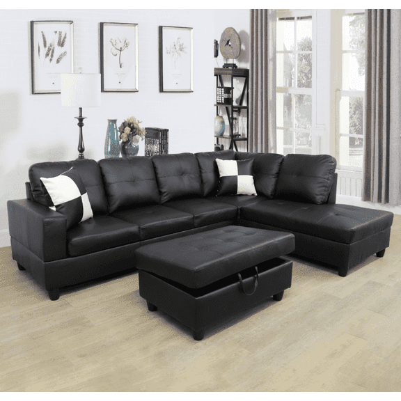 Loheer L-Shaped Sectional Sofa with Storage Ottoman - 3-Piece Black Faux Leather Couch for Living Room, Modular Reversible Chaise & Easy-Clean Comfort