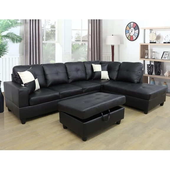 Loheer Living Room Furniture Set Faux Leather Sectional Sofa Set, Modern L-Shaped with Storage Ottoman Couch Set for Living Room Furniture/Office/Apartment(Faux Leather,F-Black,Right Chaise)