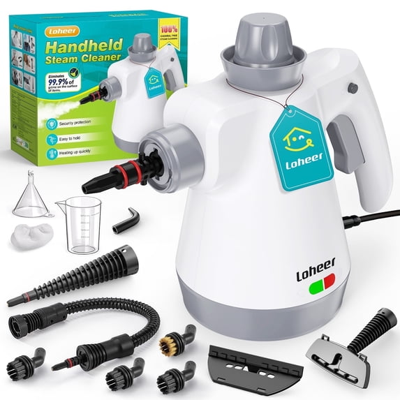 Loheer Steam Cleaner, 1000W Pressurized Handheld Steam Cleaner for Home with 12 Accessories & Safety Lock, Multi-Surface Steamer for Cleaning, White