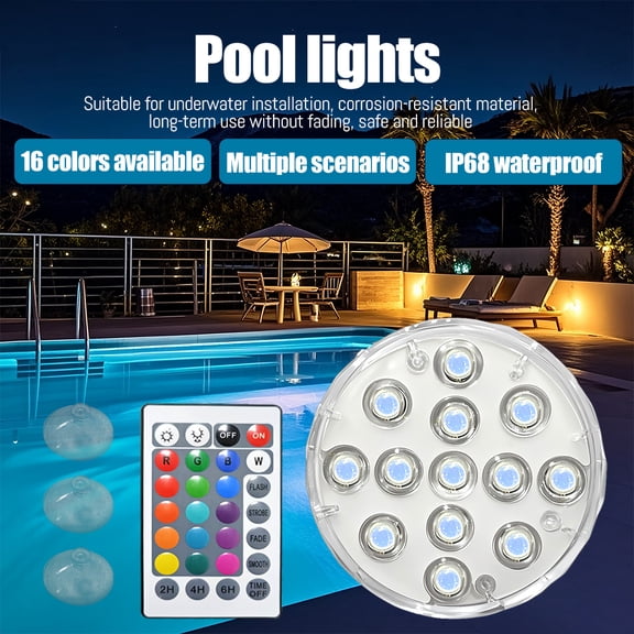 Lohew Submersible LED Light Strip Remote Control, 13 LED Pool Lights Suitable for Above-Ground Pools. Equipped with magnets and suction cup devices. Underwater lights feature 16 color variations 1pcs