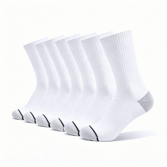 Lohol 6Pack Unisex 100% Cotton Moisture Wicking Cushion Crew Socks (White)