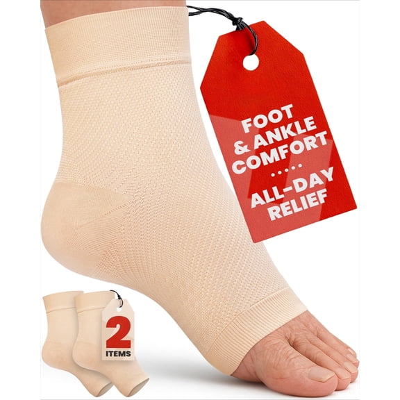 Lohol Ankle Compression Sleeve - 1-Pair, Plantar Fasciitis Braces - Open Toe Compression Socks for Swelling, Sprain, Neuropathy, Foot Arch Support for Men and Women - 20-30mmhg, M, Beige