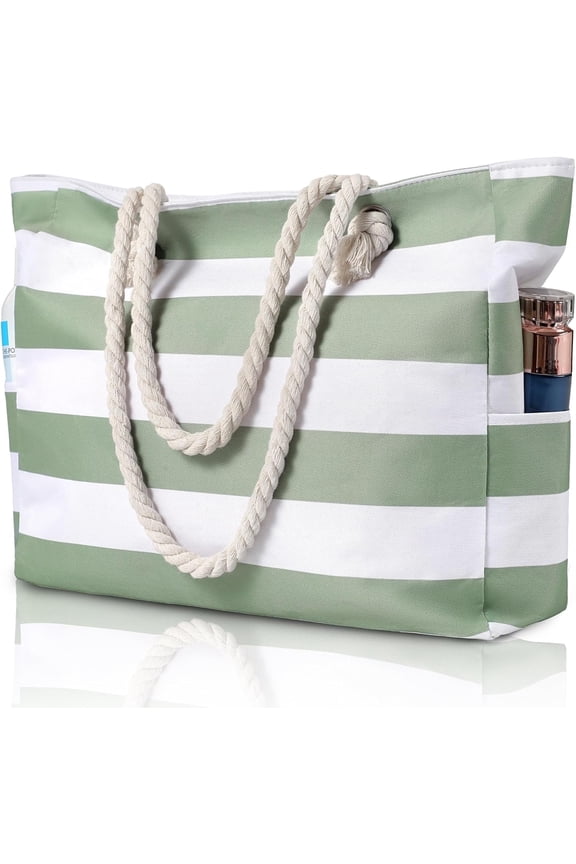 Women’s Beach Tote Bag – Large Waterproof and Sandproof Canvas Bag with Zipper for Pool, Travel, and Swim-Green