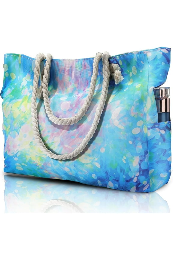 Women’s Beach Tote Bag – Large Waterproof and Sandproof Canvas Bag with Zipper for Pool, Travel, and Swim-Tie Dye Blue