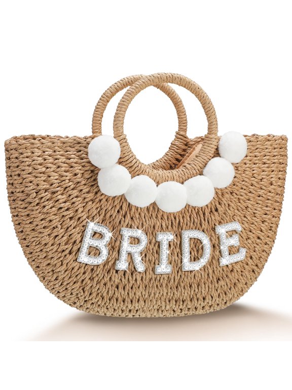 Bride Straw Purse with Rhinestone & Pearl Letters - Handwoven Mrs Beach Bag for Wedding, Bachelorette & Honeymoon, Great Gift for Bride