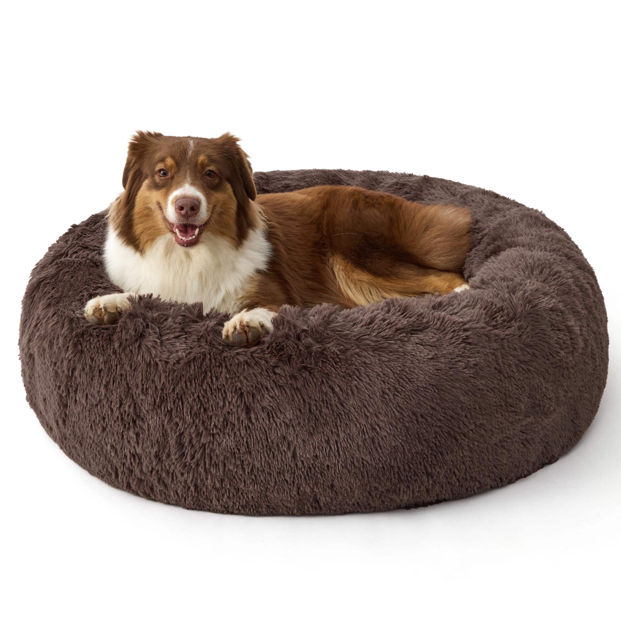 Lohol Calming Dog Beds Large Sized Dog - 36in Donut Washable Large Pet Bed,Anti-Slip ＆Removable Cover,420GSM Round Anti-Anxiety Fluffy Plush Faux Fur Bed, Fits up to 80 lbs Pets,Plus Version