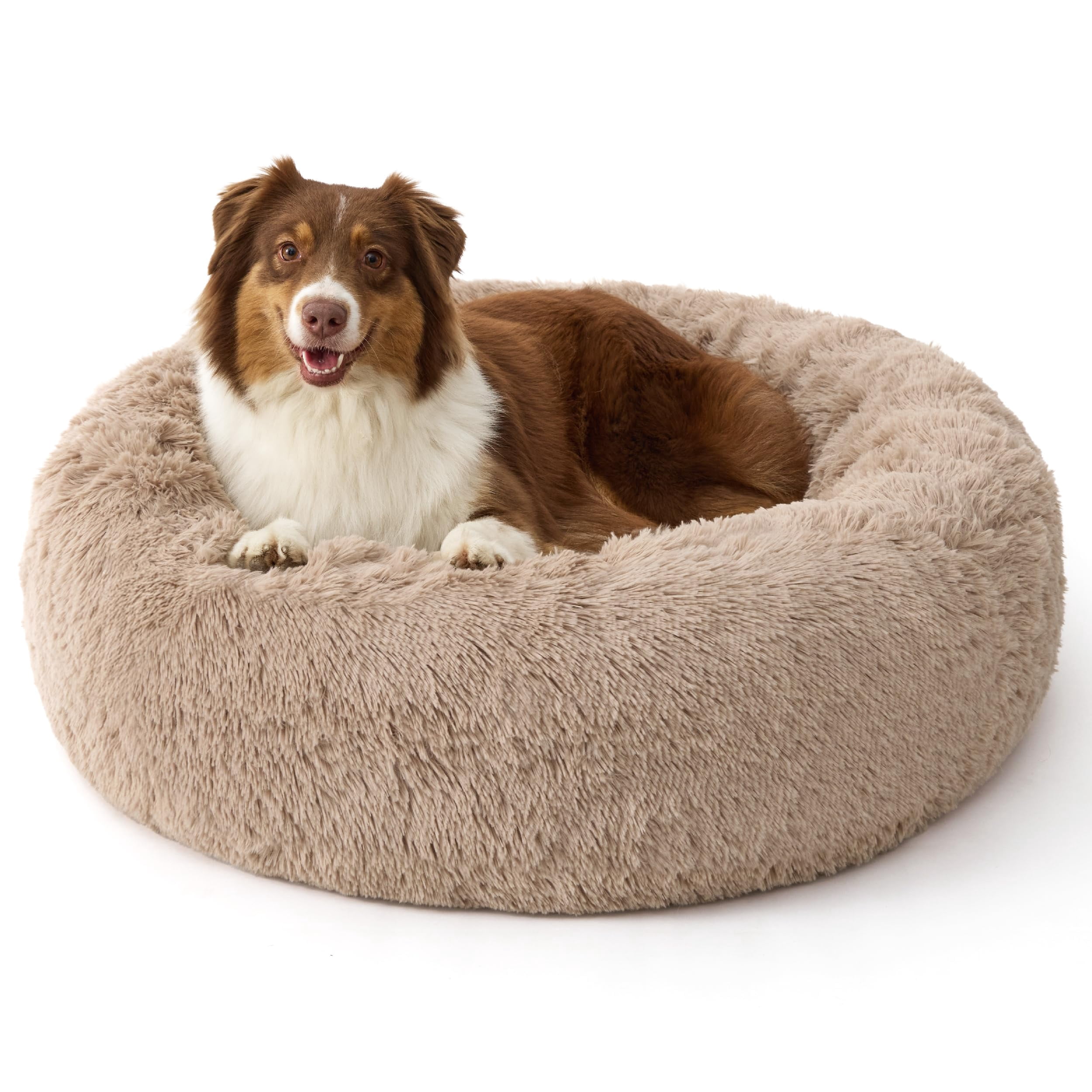 Lohol Calming Dog Beds Large Sized Dog - 36in Donut Washable Large Pet Bed,Anti-Slip ＆Removable Cover,420GSM Round Anti-Anxiety Fluffy Plush Faux Fur Bed, Fits up to 80 lbs Pets,Plus Version