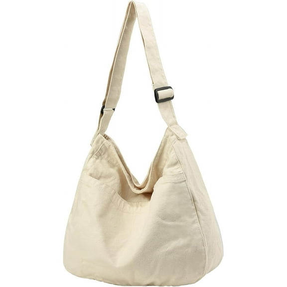 Lohol Canvas Tote Bag, Casual Hobo Crossbody Shoulder Bag for Women and Men, Large Purse for Travel and Work-Beige