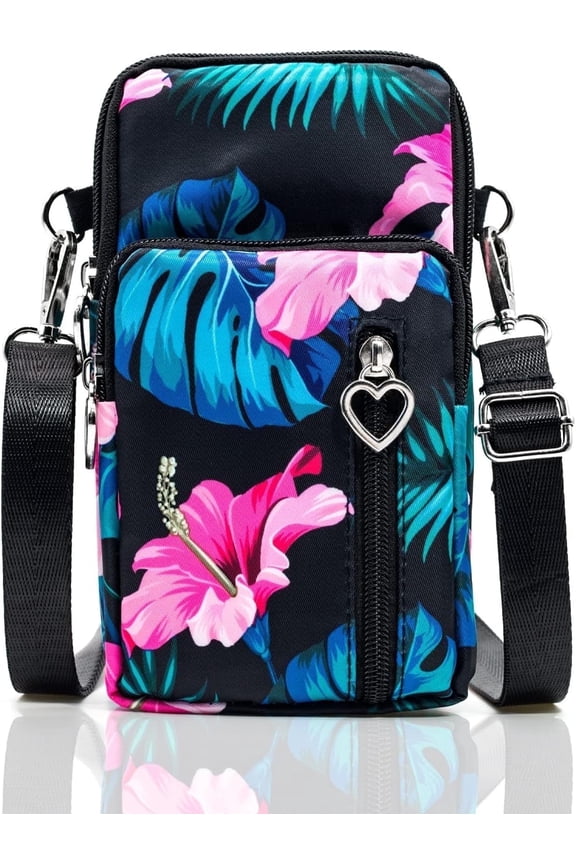 Lightweight Small Crossbody bags Cell Phone Purses Travel Pouch Shoulder Bag for Women（Black Pink Flower）