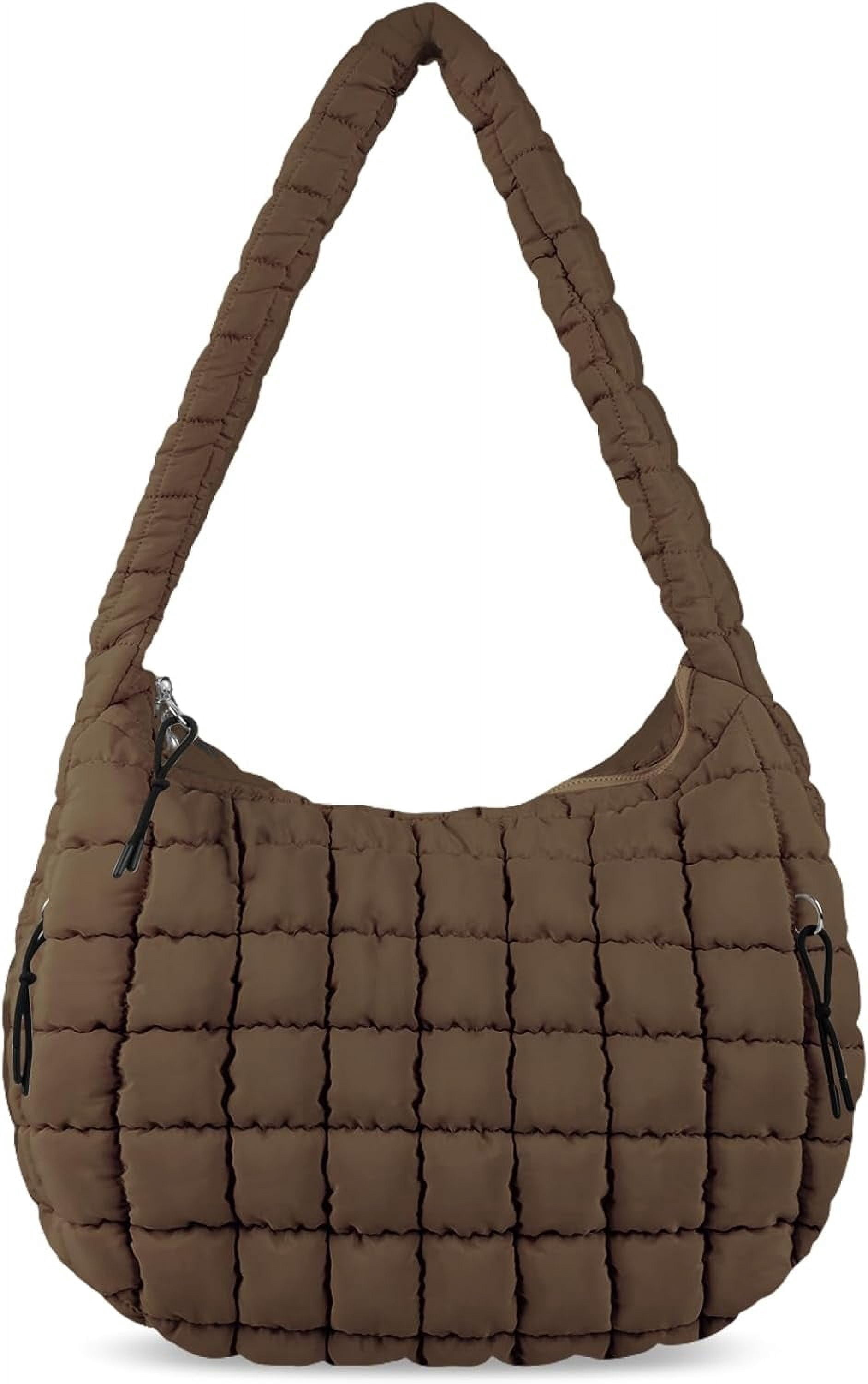 Lohol Quilted Puffer Tote Bag for Women - Large Crossbody Bag, Lightweight Nylon Puffy Carryall Hobo Puff Shoulder Bag-Brown