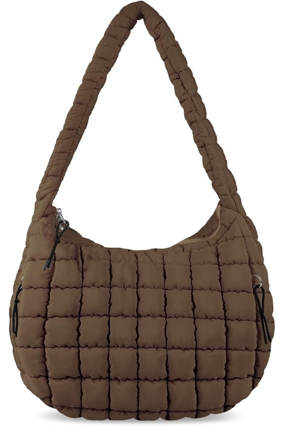 Quilted Puffer Tote Bag for Women - Large Crossbody Bag, Lightweight Nylon Puffy Carryall Hobo Puff Shoulder Bag-Brown