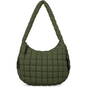Quilted Puffer Tote Bag for Women - Large Crossbody Bag, Lightweight Nylon Puffy Carryall Hobo Puff Shoulder Bag-Dark Green