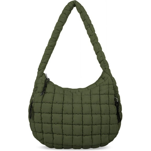 Lohol Quilted Puffer Tote Bag for Women - Large Crossbody Bag, Lightweight Nylon Puffy Carryall Hobo Puff Shoulder Bag-Dark Green