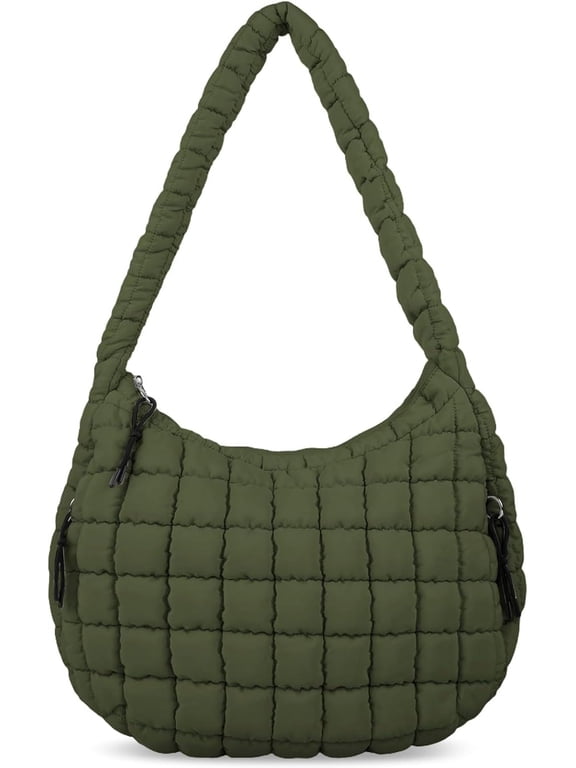 Quilted Puffer Tote Bag for Women - Large Crossbody Bag, Lightweight Nylon Puffy Carryall Hobo Puff Shoulder Bag-Dark Green