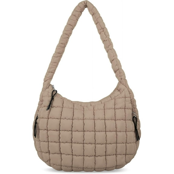 Lohol Quilted Puffer Tote Bag for Women - Large Crossbody Bag, Lightweight Nylon Puffy Carryall Hobo Puff Shoulder Bag-Khaki
