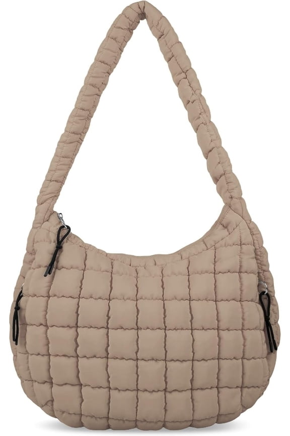 Quilted Puffer Tote Bag for Women - Large Crossbody Bag, Lightweight Nylon Puffy Carryall Hobo Puff Shoulder Bag-Khaki