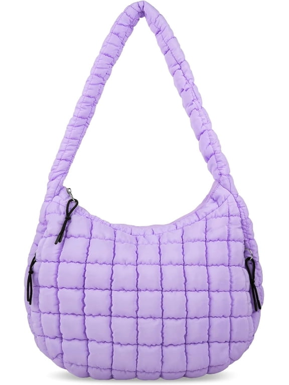 Quilted Puffer Tote Bag for Women - Large Crossbody Bag, Lightweight Nylon Puffy Carryall Hobo Puff Shoulder Bag-Purple