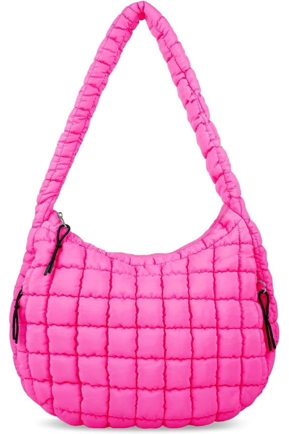 Quilted Puffer Tote Bag for Women - Large Crossbody Bag, Lightweight Nylon Puffy Carryall Hobo Puff Shoulder Bag-Rose Red