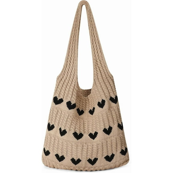 Lohol Straw Beach Bags for Women - Women Beach Handmade Woven Tote Bag, Summer Mesh Hollow Shoulder Bag for Holiday(Heart - Khaki)