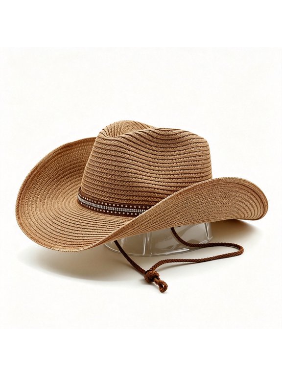 Straw Cowboy Hat for Men and Women, Wide Brim Cowgirl Fedora Sun Hat for Beach