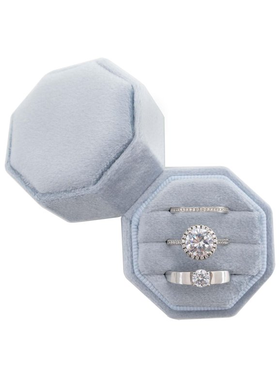 Velvet Ring Box 3 Slots, Octagon Premium Handmade Holder for Wedding, Proposal, Engagement, Photography