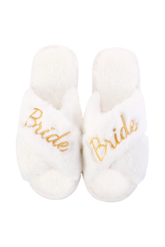 White Fuzzy Bride Slippers for Wedding Day, Bachelorette Party & Bridal Shower Gift