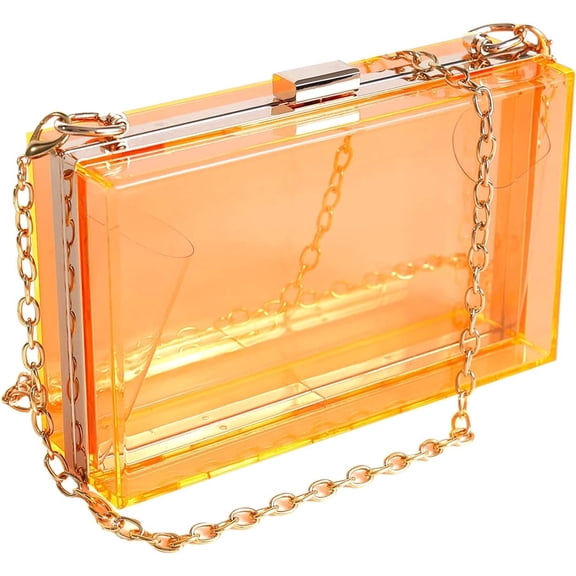 Lohol Women Clear Purse Acrylic Box Clutch Handbag, Small Transparent Crossbody Evening Bag Stadium Approved Gold Chain Strap(Orange)