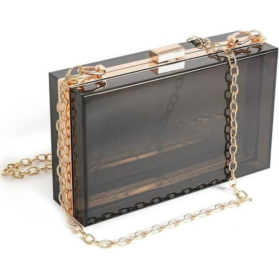 Lohol Women Clear Purse Acrylic Box Clutch Handbag, Small Transparent Crossbody Evening Bag Stadium Approved Gold Chain Strap(Black)