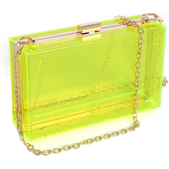 Lohol Women Clear Purse Acrylic Box Clutch Handbag, Small Transparent Crossbody Evening Bag Stadium Approved Gold Chain Strap(Yellow)