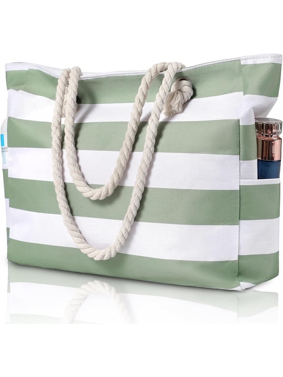 Women’s Beach Tote Bag – Large Waterproof and Sandproof Canvas Bag with Zipper for Pool, Travel, and Swim-Green