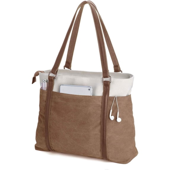 Lohol 15.6" Laptop Tote Bag for Women Fahion Work Purse with Zipper Pockets for Teachers Brown