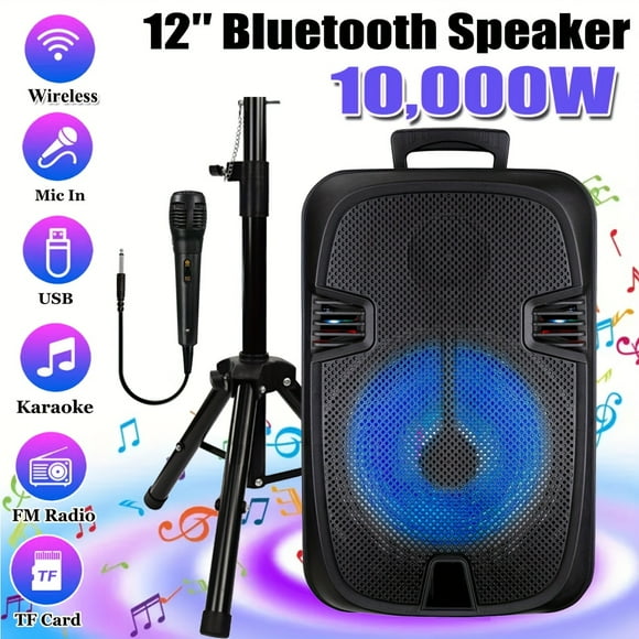 Lohoms 12" Woofer Bluetooth Party Speaker with 1.5" Tweeter, Rechargeable Portable Speaker with Stand & Wired Mic, LED Lights, TWS Stereo, FM Radio, AUX/USB/TF, Karaoke Mode, Bass Boost