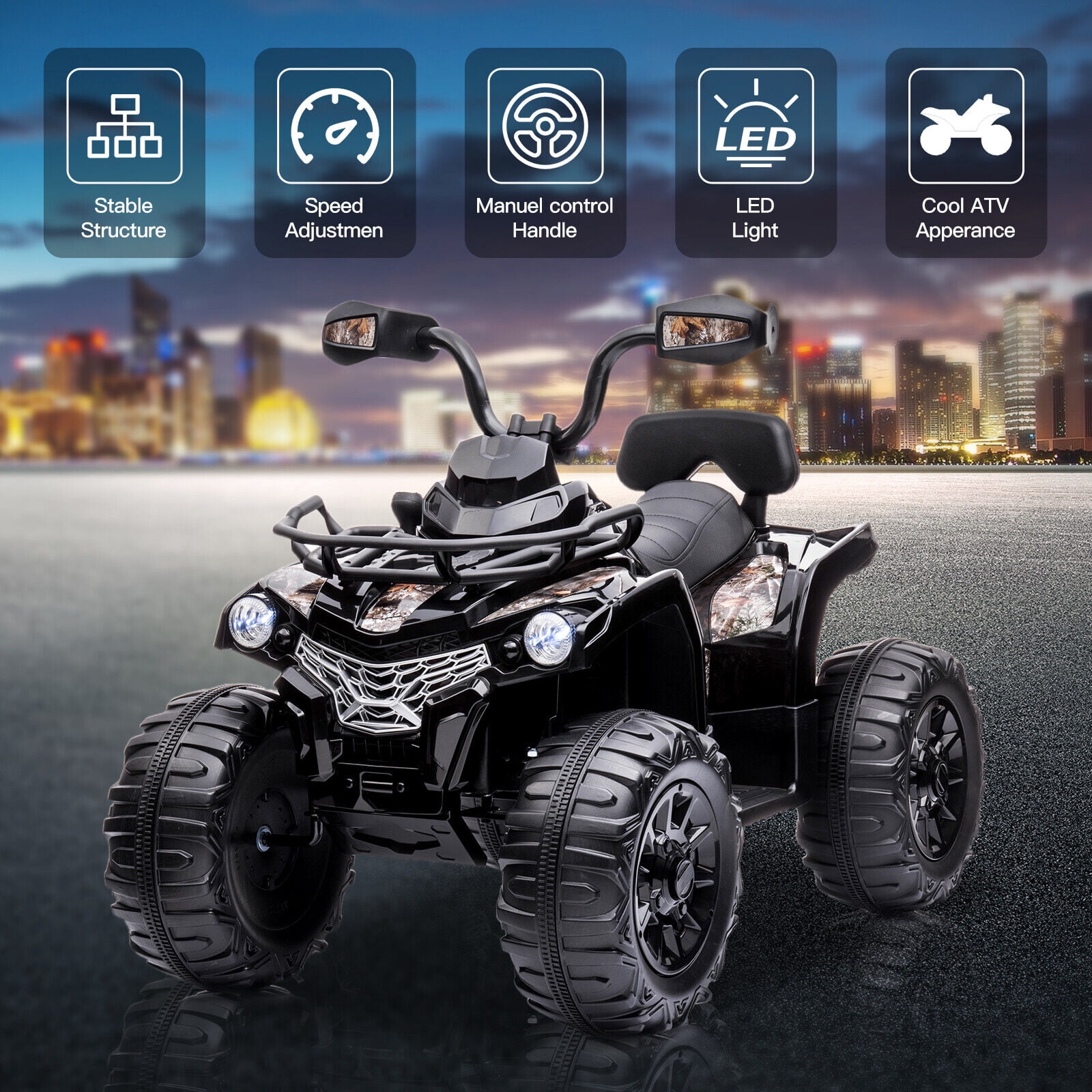 Lohoms 12V 4-Wheeler Kids Ride On Car ATV, Electric 12V Rechargeable Battery Powered Kid's Quad Car Toys, With LED Lights Music USB, 2 Speed, Black