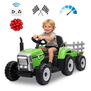 Lohoms 12V Ride On Tractor, Electric Rugged 6-Wheeler Ride-On Car With Trailer for Kids, 25W Tread Tire, Remote Control, Lights, Green