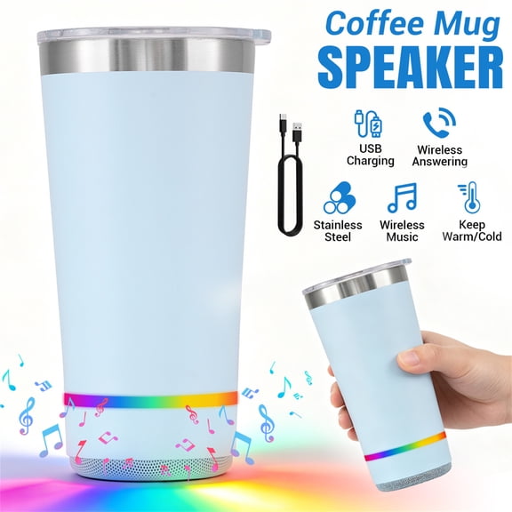 Lohoms 16oz Stainless Steel Insulated Bluetooth Speaker Mug with LED Lights, FM Radio & TWS Pairing - Rechargeable Party Mug, Perfect Gift for Adults & Teens, Blue