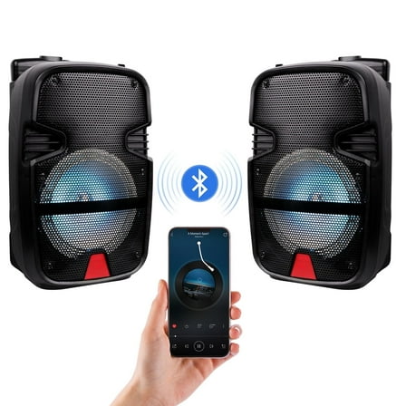 Lohoms 2PC Portable Wireless Speaker, FM Rechargeable Bluetooth Speaker 8" Subwoofer with Microphone Sound Party PA System AUX, Remote, Handle, Wheels, 7.6lbs