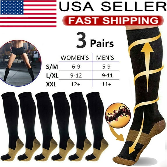 Lohoms 3-Pair Black Compression Socks L/XL 20-30mmHg Graduated Support Unisex Knee-high Stockings