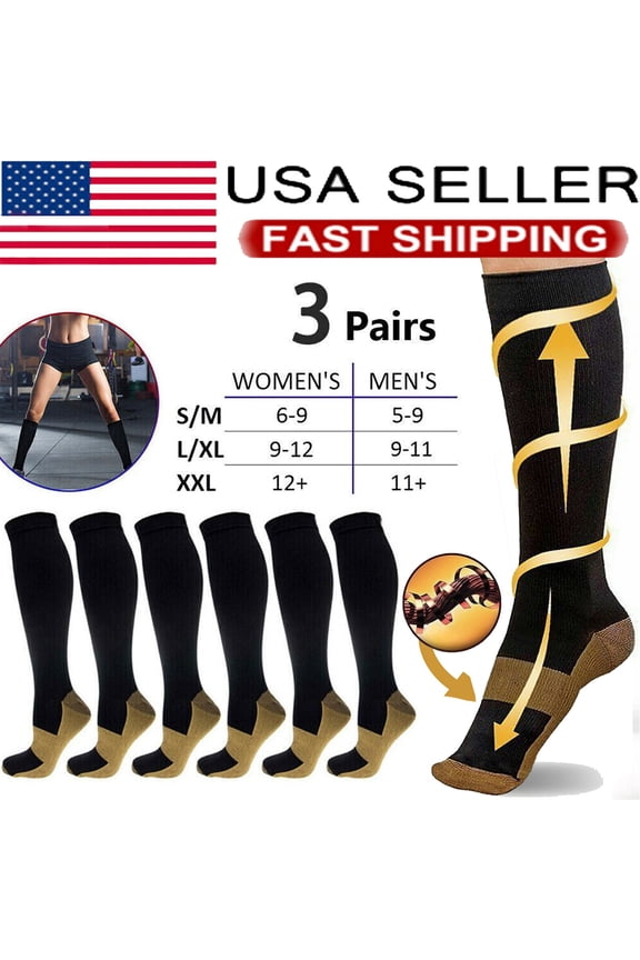 3 Pairs Black Compression Socks XXL 20-30mmHg Graduated Support Unisex Sports Stockings