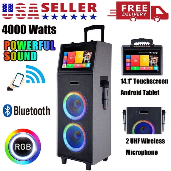 Lohoms 4000W Dual 10" Woofers Portable Karaoke Machine with 14.1" Touchscreen and 2 Wireless Mics