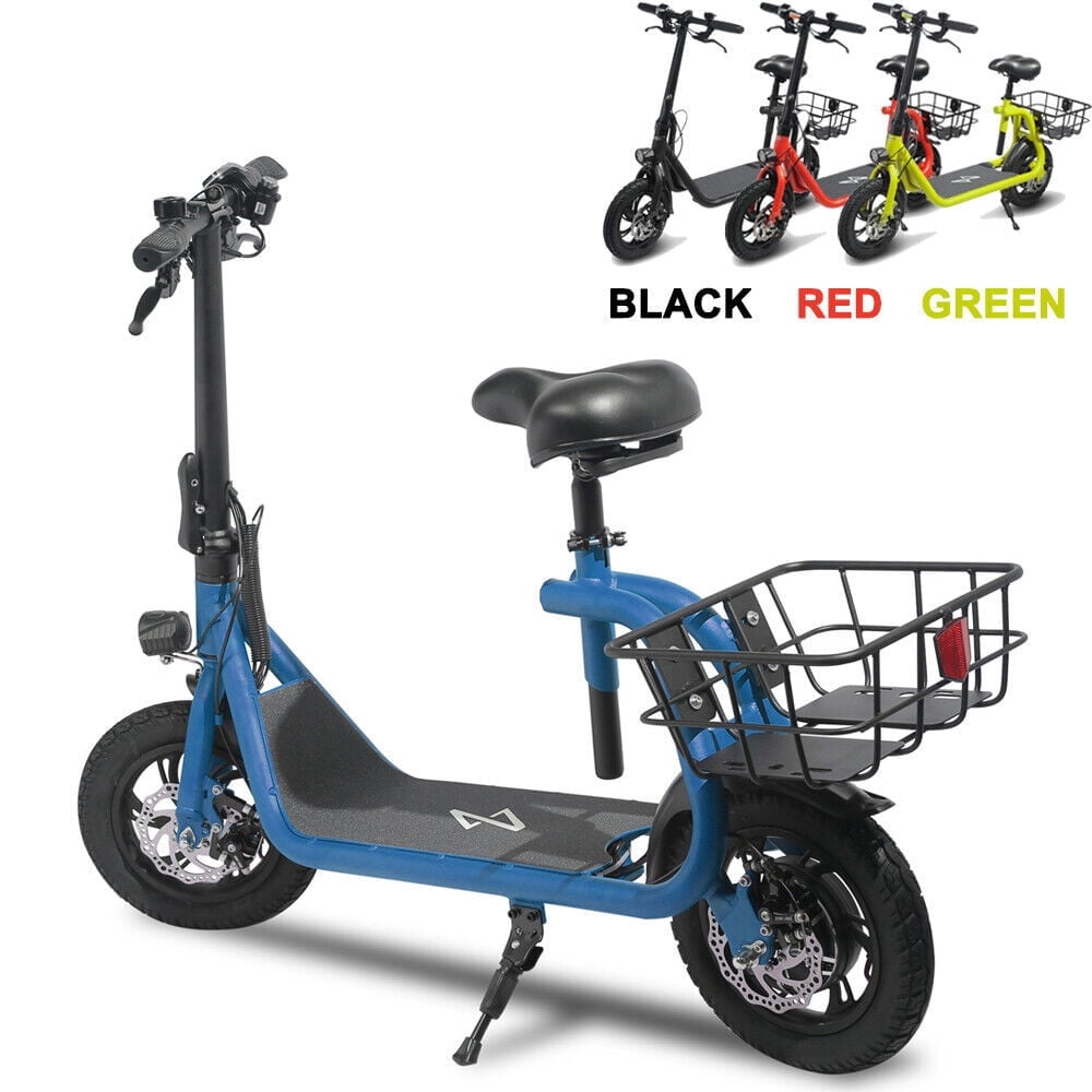 Lohoms 450W 36V Foldable Electric Scooters Bike, Adult Electric Moped Commuter Ebike Biycle Waterproof E-Scooter With Seat Basket 12 in Off-Road Tires, Blue