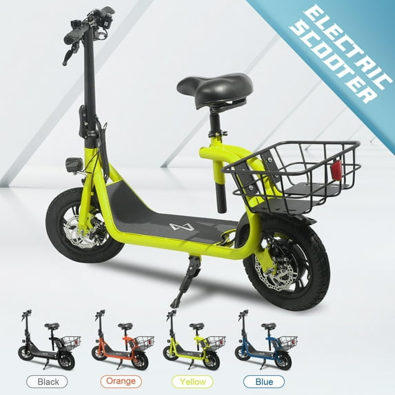 Lohoms 450W 36V Foldable Electric Scooters Bike, Adult Electric Moped Commuter Ebike Biycle Waterproof E-Scooter With Seat Basket 12 in Off-Road Tires, Yellow